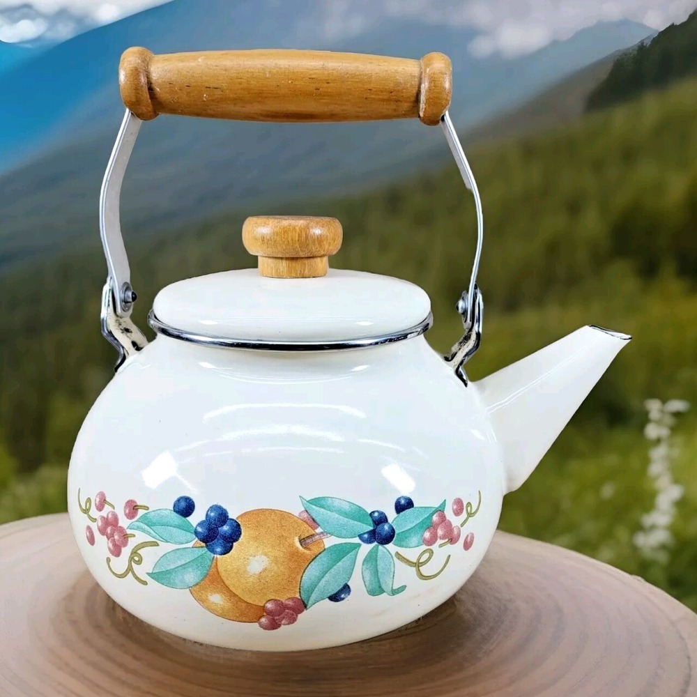 Vintage Lincoware Off White Cream Enamel Metal Fruit Motif Teapot Tea Kettle